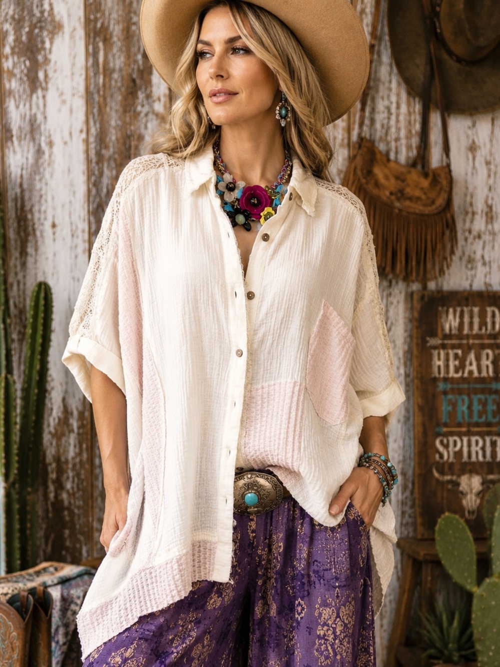 Easel M Cream & Light Pink Button-Front Boxy Blouse